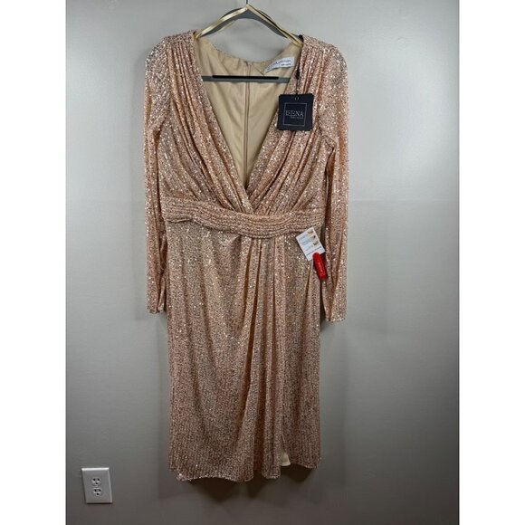 Mac Duggal Sequin Long Sleeve Midi Cocktail Formal Dress Size 12 Rose Gold NWT - Picture 3 of 6